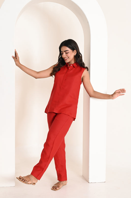 Blood Red Essential Mid Waist Linen Trousers with Side Pockets