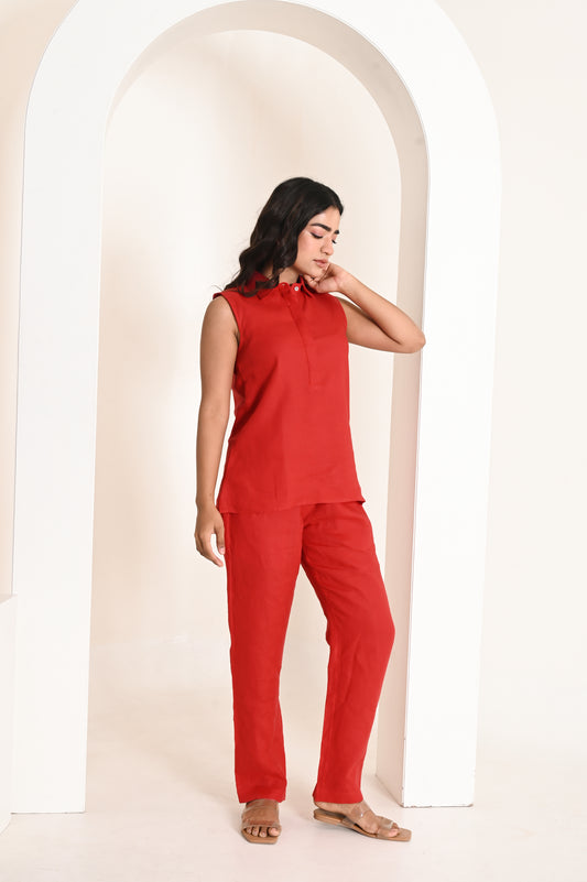 Blood Red Sleeveless Collar Linen Top with Straight Hemline