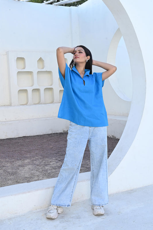 Turquoise Split-Neck Linen Top with Short Sleeves