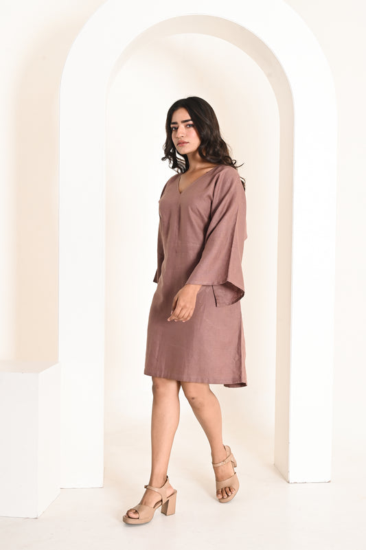 Burnt Wood Above Knee Flare-Sleeve Linen Dress with Belt At Back
