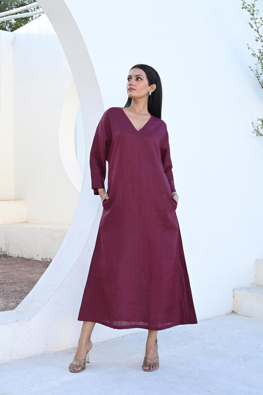 Burgundy Maxi Linen Dress with Optional Waist Tie