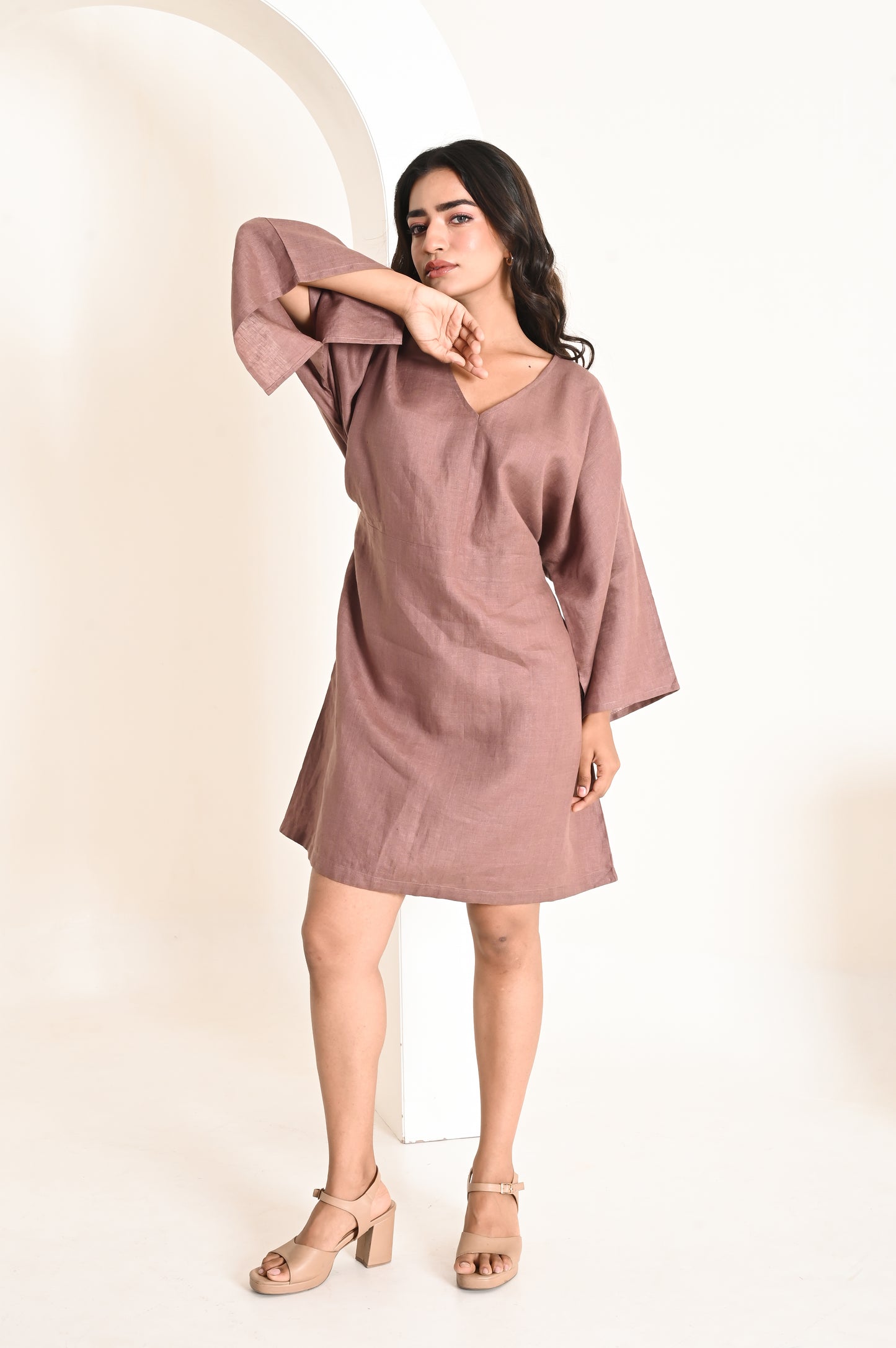 Burnt Wood Above Knee Flare-Sleeve Linen Dress with Belt At Back