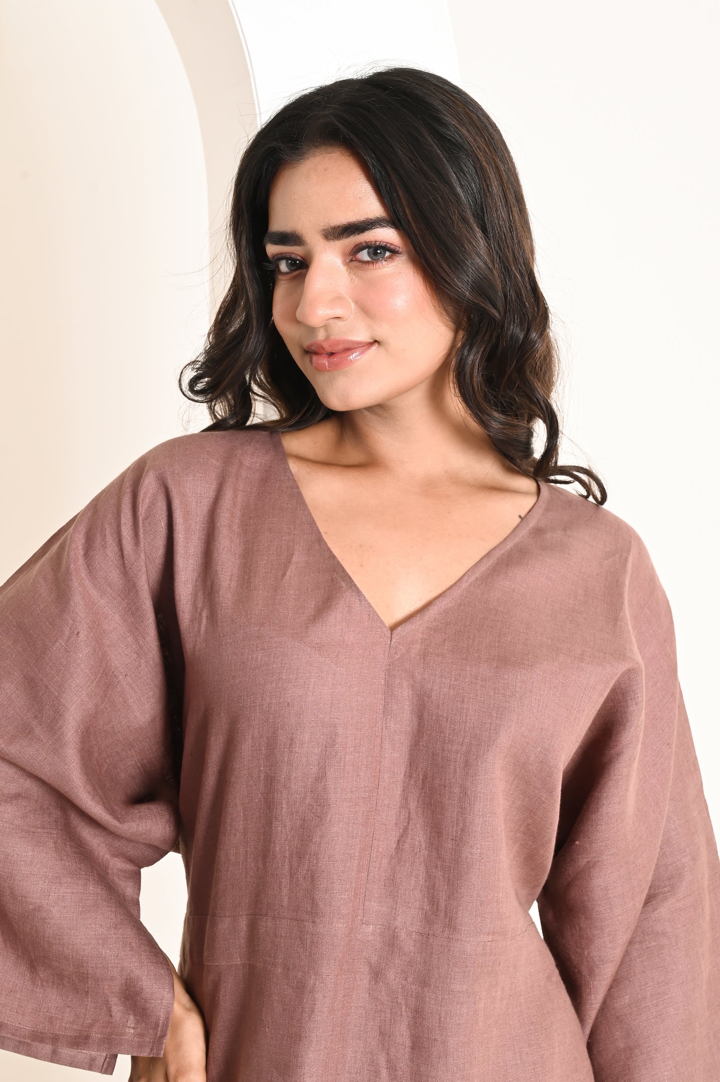 Burnt Wood Above Knee Flare-Sleeve Linen Dress with Belt At Back