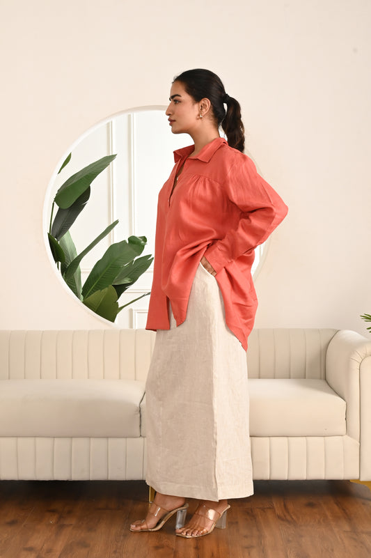 Terracotta Breeze Button-Down Shirt with Dropped Shoulders