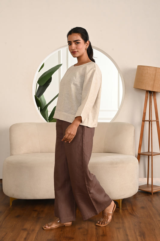 Natural Round Neck Relaxed Fit Top with 3/4th Sleeves