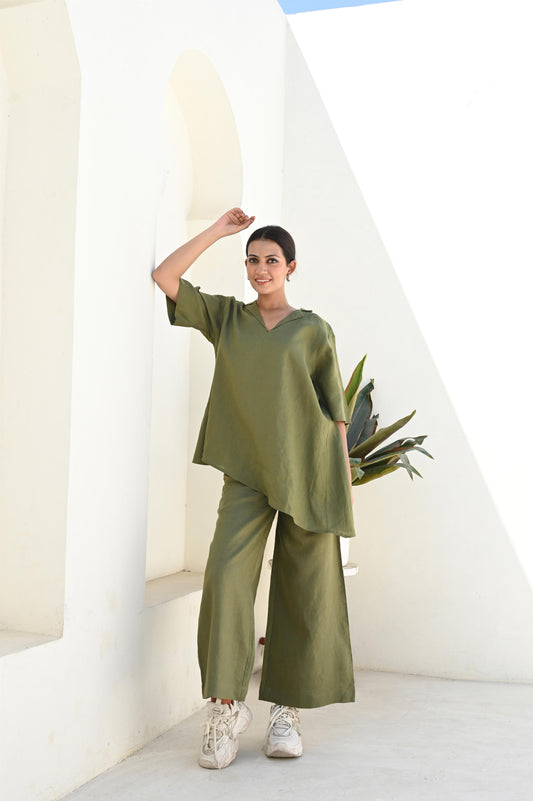 Moss Drift Linen High Rise Bottoms with Elasticated Waistband