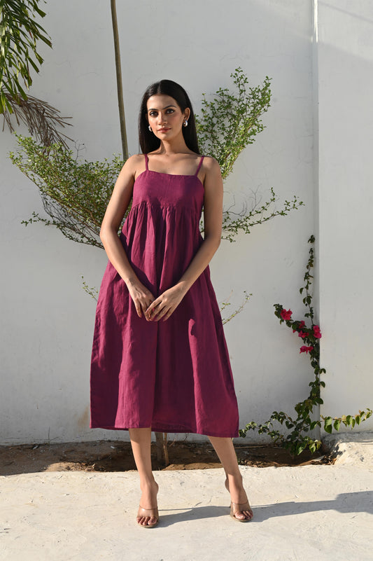 Burgundy Midi Empire Waist Dress with Spaghetti Straps