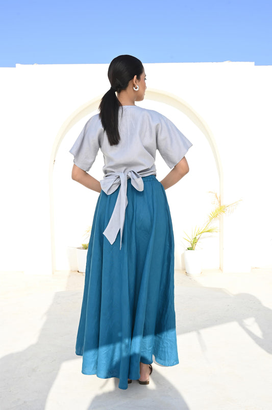 Sky Blue Cropped Wrap Linen Top with Short Sleeves