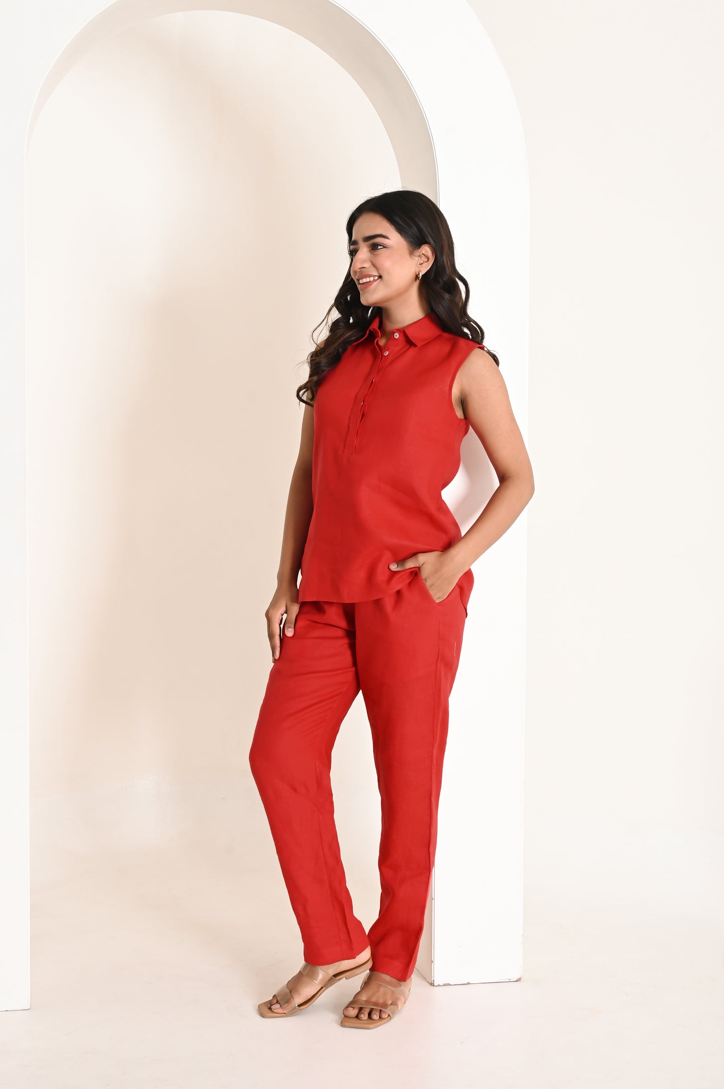 Blood Red Essential Mid Waist Linen Trousers with Side Pockets