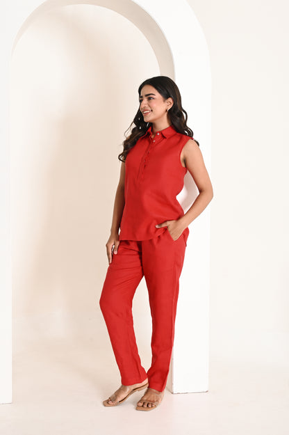 Blood Red Essential Mid Waist Linen Trousers with Side Pockets