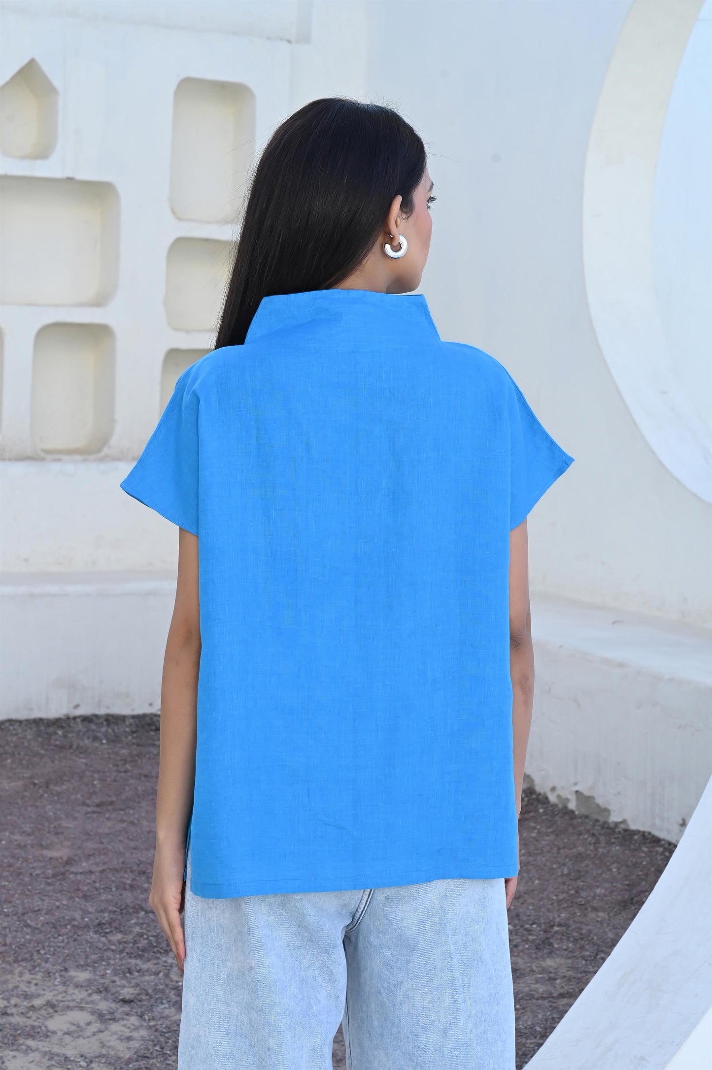 Turquoise Split-Neck Linen Top with Short Sleeves
