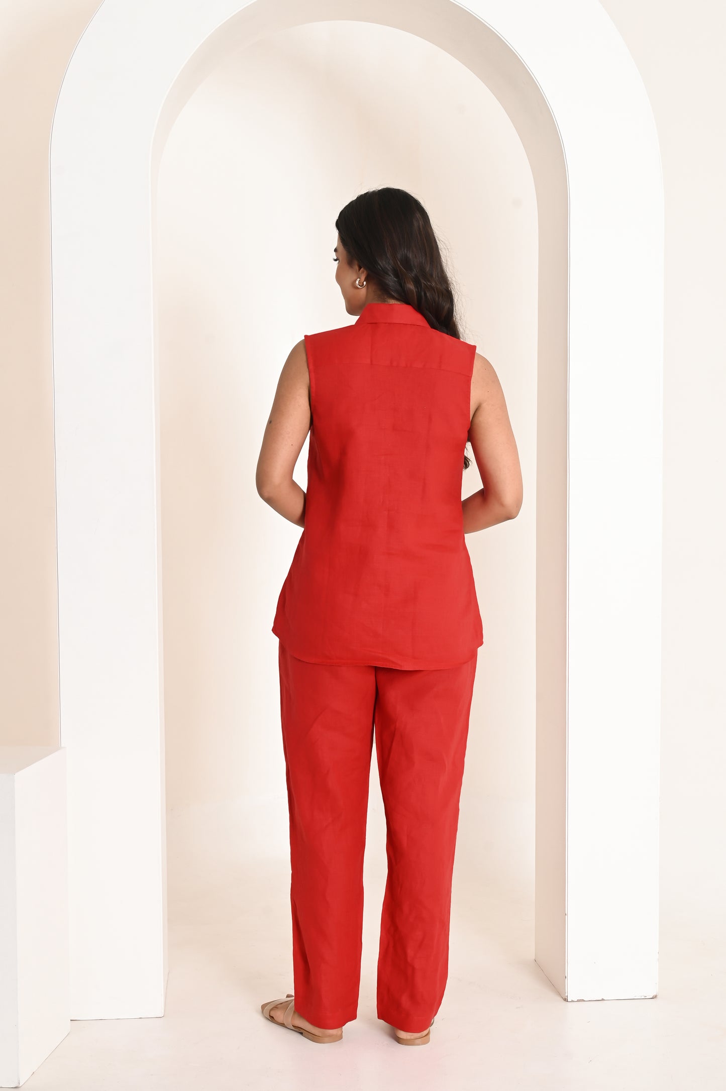 Blood Red Essential Mid Waist Linen Trousers with Side Pockets