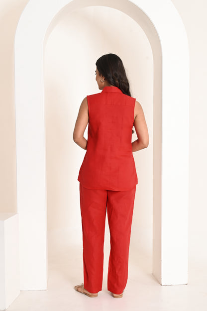 Blood Red Essential Mid Waist Linen Trousers with Side Pockets