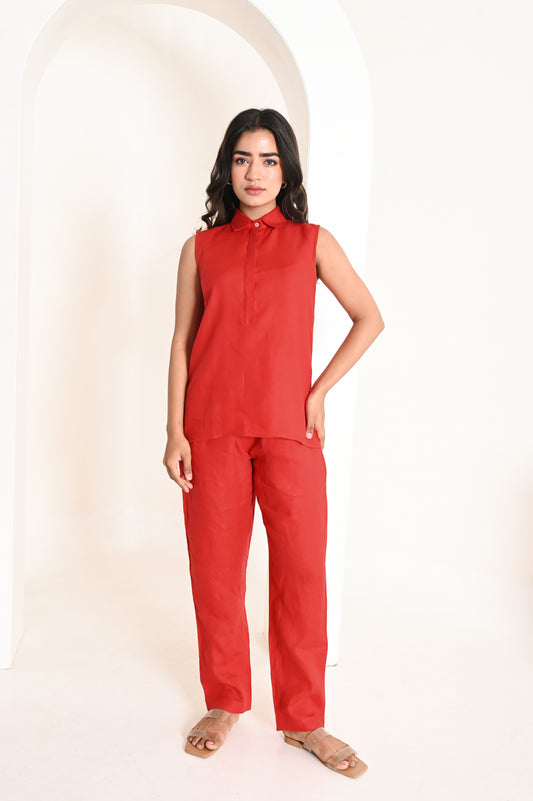 Blood Red Sleeveless Collar Linen Top with Straight Hemline
