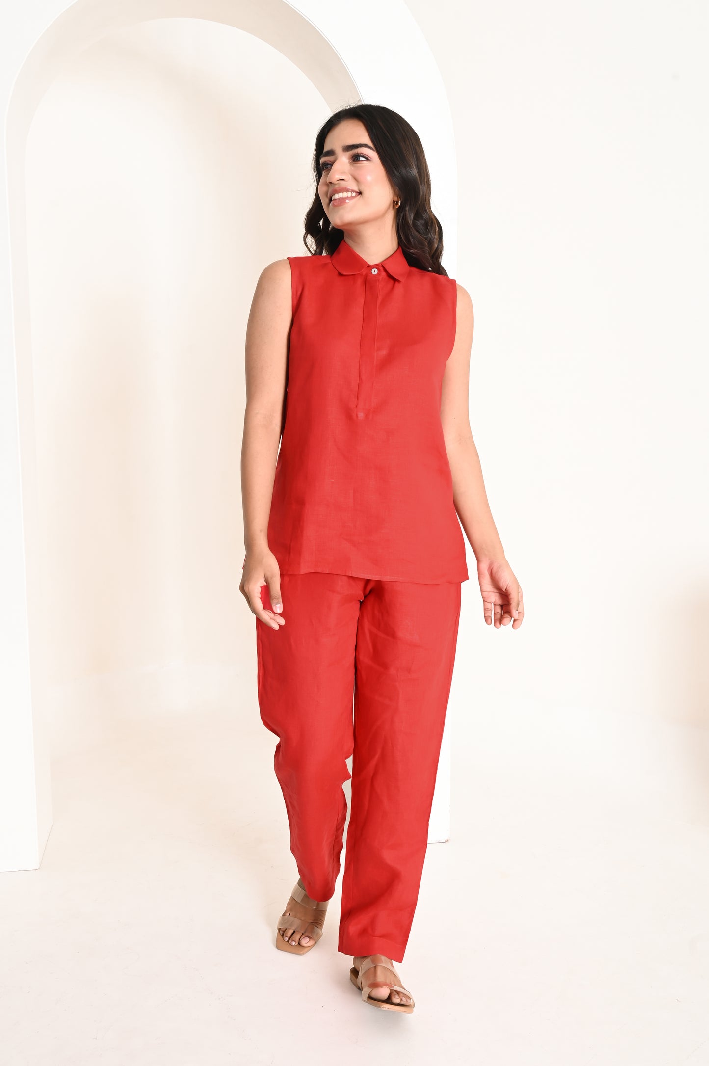 Blood Red Essential Mid Waist Linen Trousers with Side Pockets