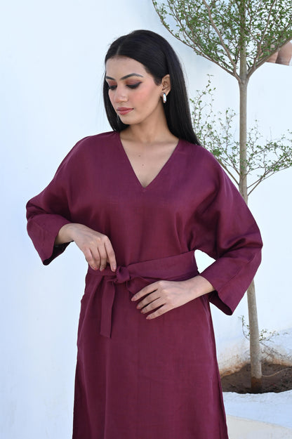 Burgundy Maxi Linen Dress with Optional Waist Tie