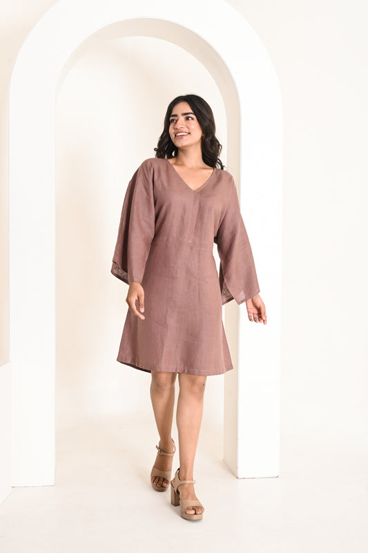 Burnt Wood Above Knee Flare-Sleeve Linen Dress with Belt At Back