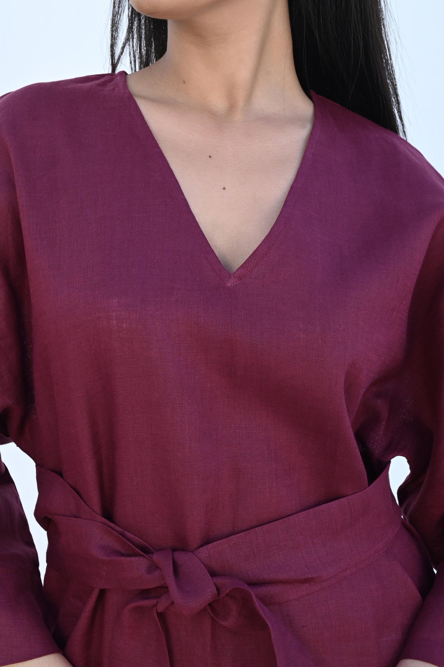 Burgundy Maxi Linen Dress with Optional Waist Tie