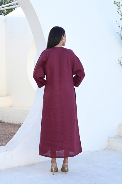 Burgundy Maxi Linen Dress with Optional Waist Tie