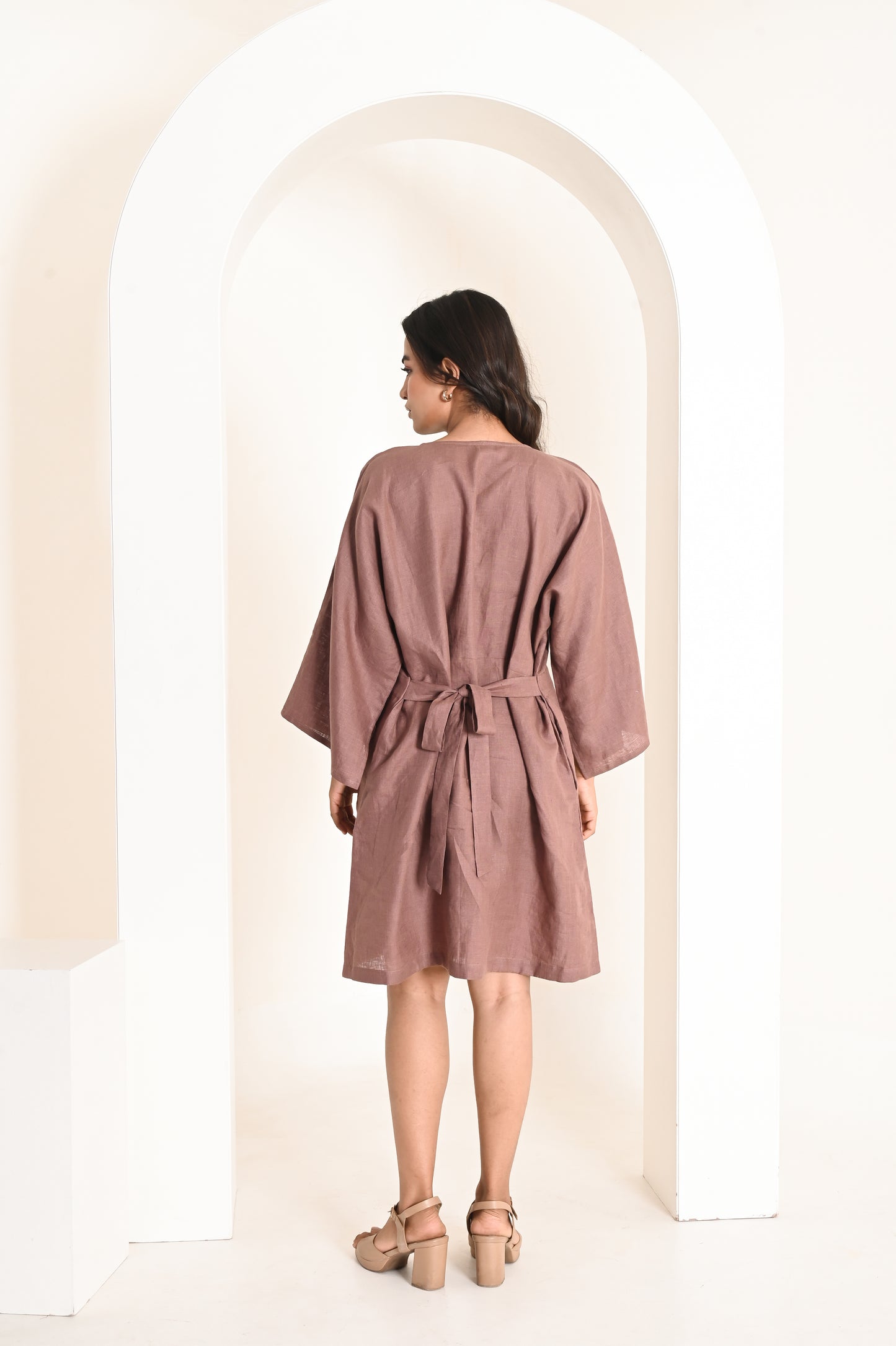 Burnt Wood Above Knee Flare-Sleeve Linen Dress with Belt At Back