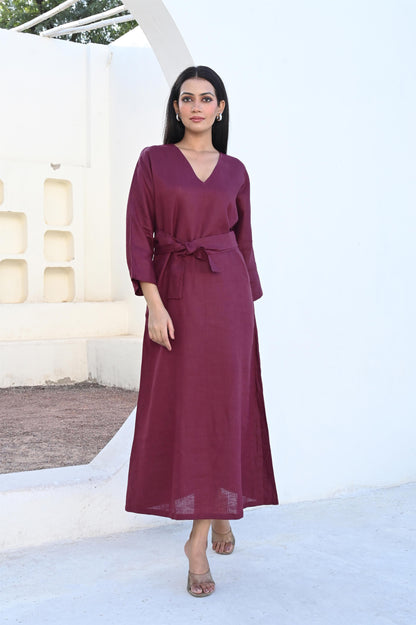 Burgundy Maxi Linen Dress with Optional Waist Tie