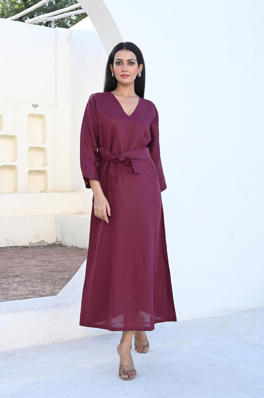 Burgundy Maxi Linen Dress with Optional Waist Tie