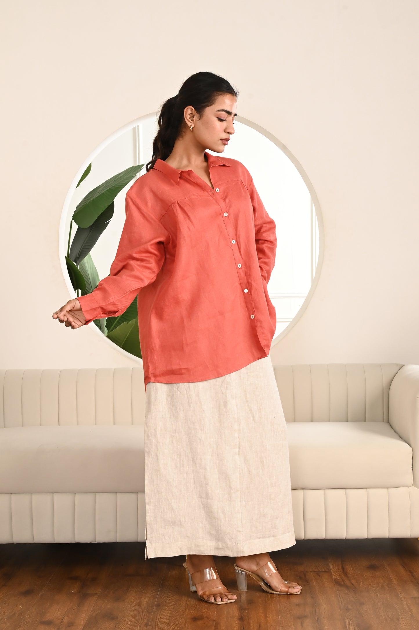 Terracotta Breeze Button-Down Shirt with Dropped Shoulders