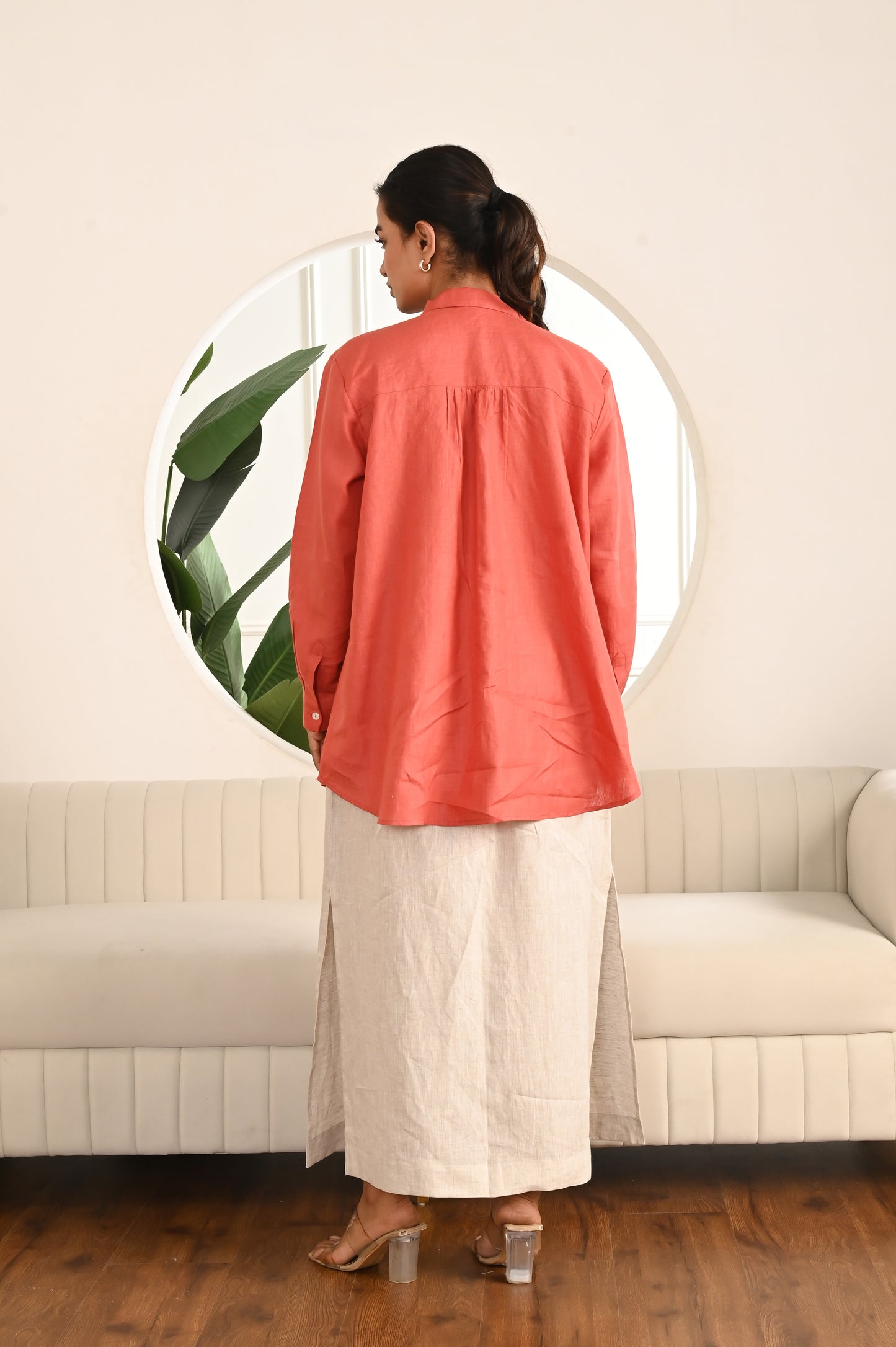 Terracotta Breeze Button-Down Shirt with Dropped Shoulders