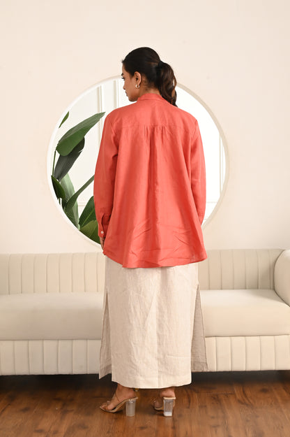 Terracotta Breeze Button-Down Shirt with Dropped Shoulders