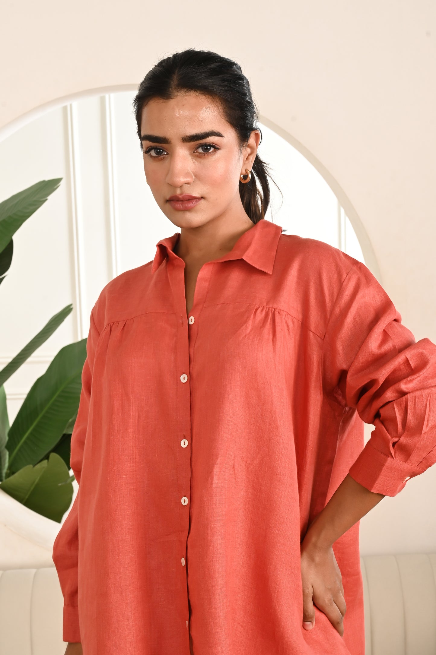 Terracotta Breeze Button-Down Shirt with Dropped Shoulders