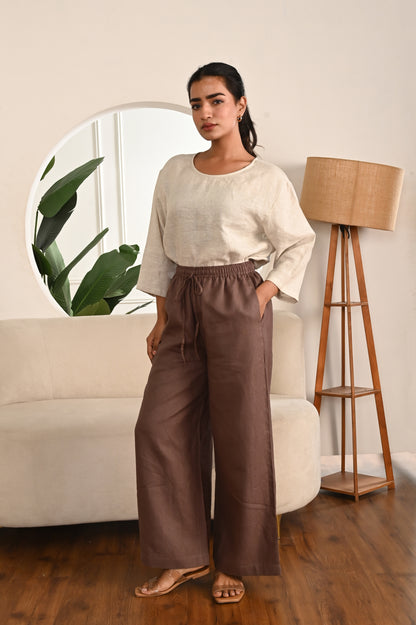 Burnt Wood Wide-Leg Linen Pants with Side Pockets