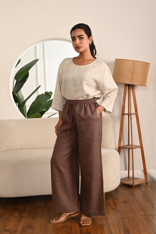 Burnt Wood Wide-Leg Linen Pants with Side Pockets