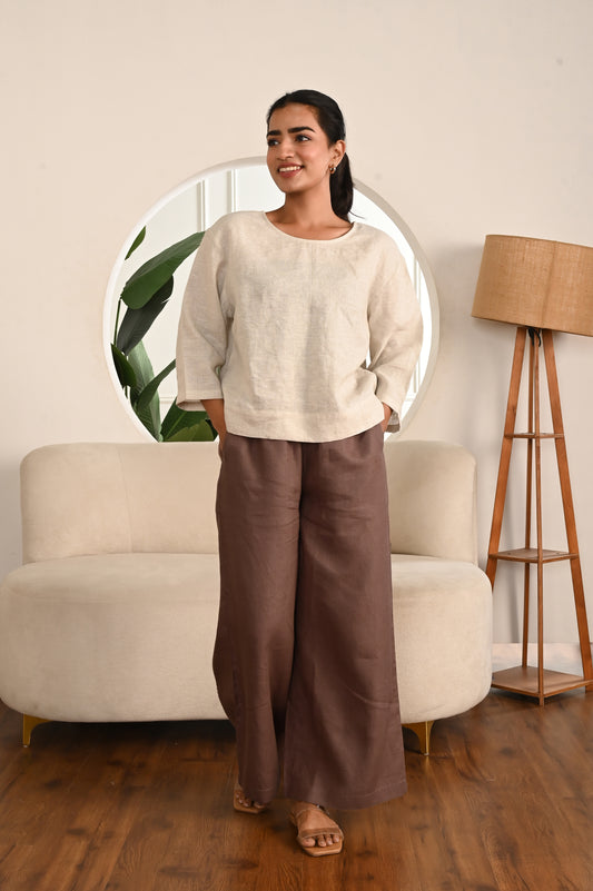 Natural Round Neck Relaxed Fit Top with 3/4th Sleeves