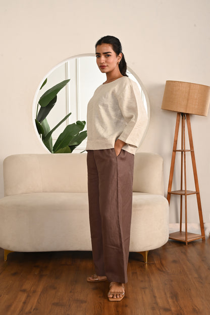 Burnt Wood Wide-Leg Linen Pants with Side Pockets