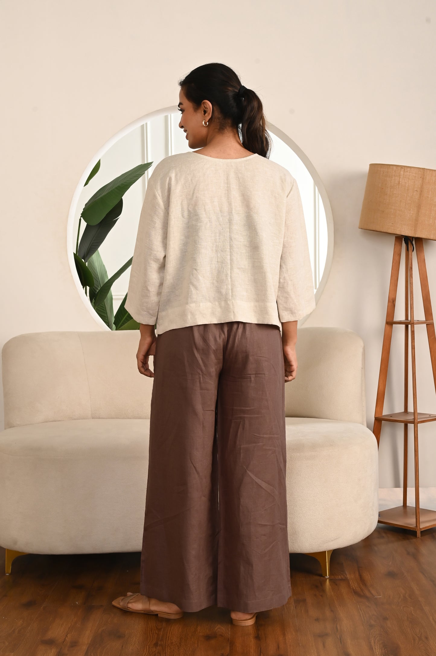 Burnt Wood Wide-Leg Linen Pants with Side Pockets