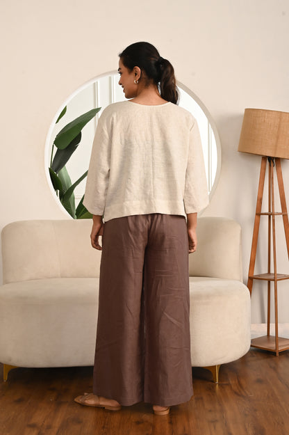 Burnt Wood Wide-Leg Linen Pants with Side Pockets