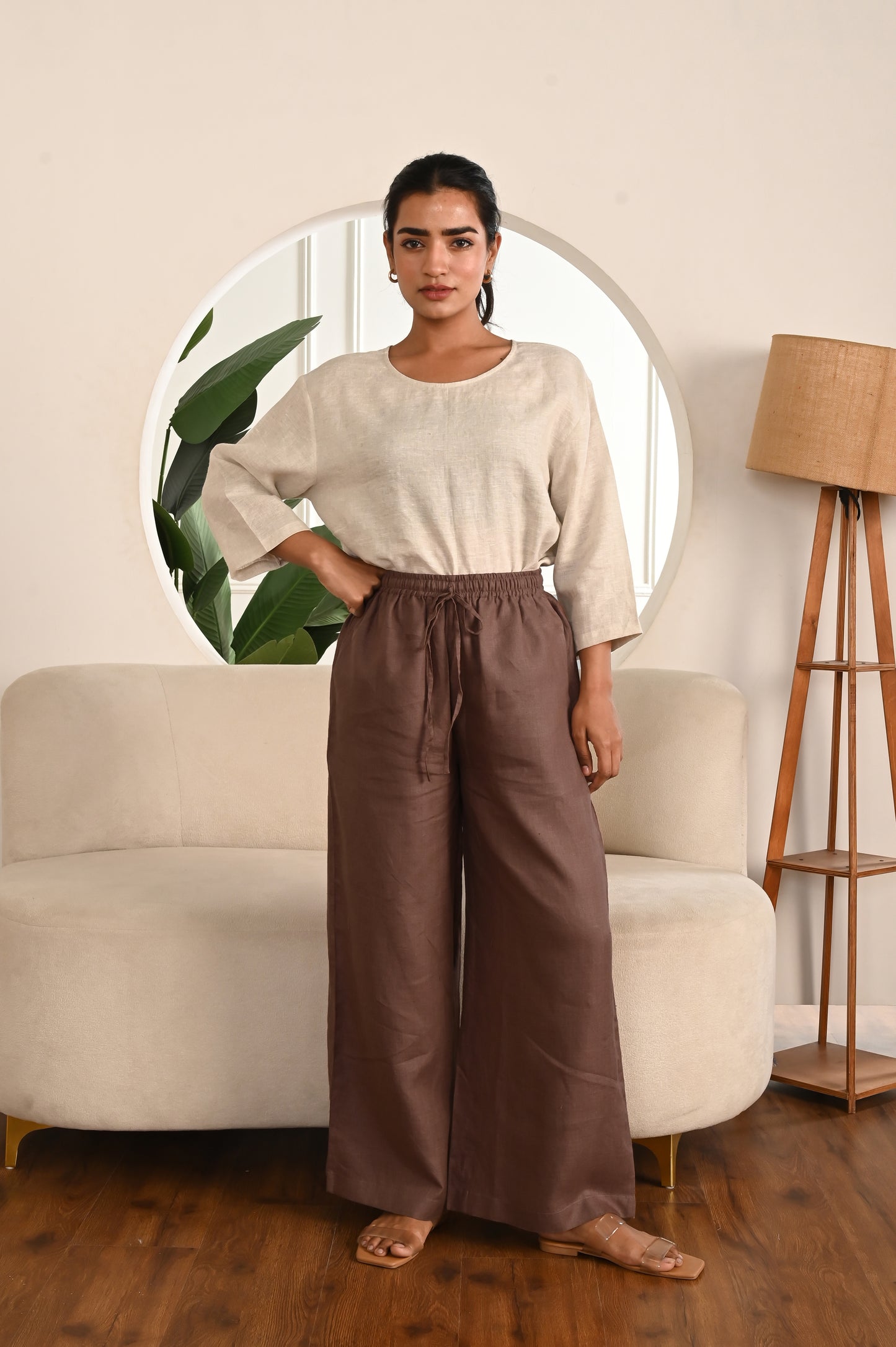Burnt Wood Wide-Leg Linen Pants with Side Pockets