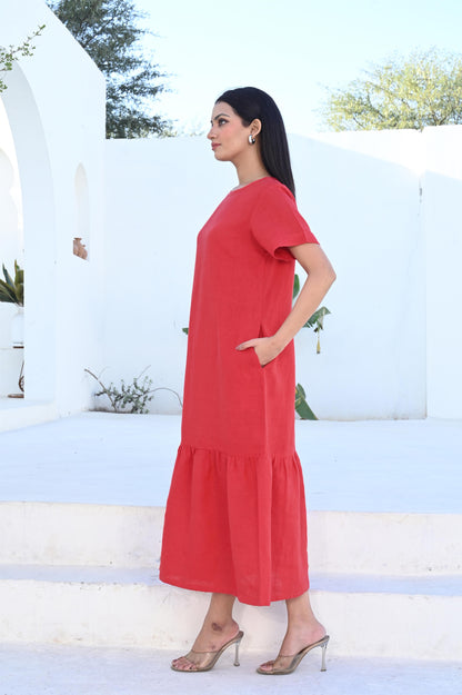 Terracotta Mid Calf A-line Dress With Pockets