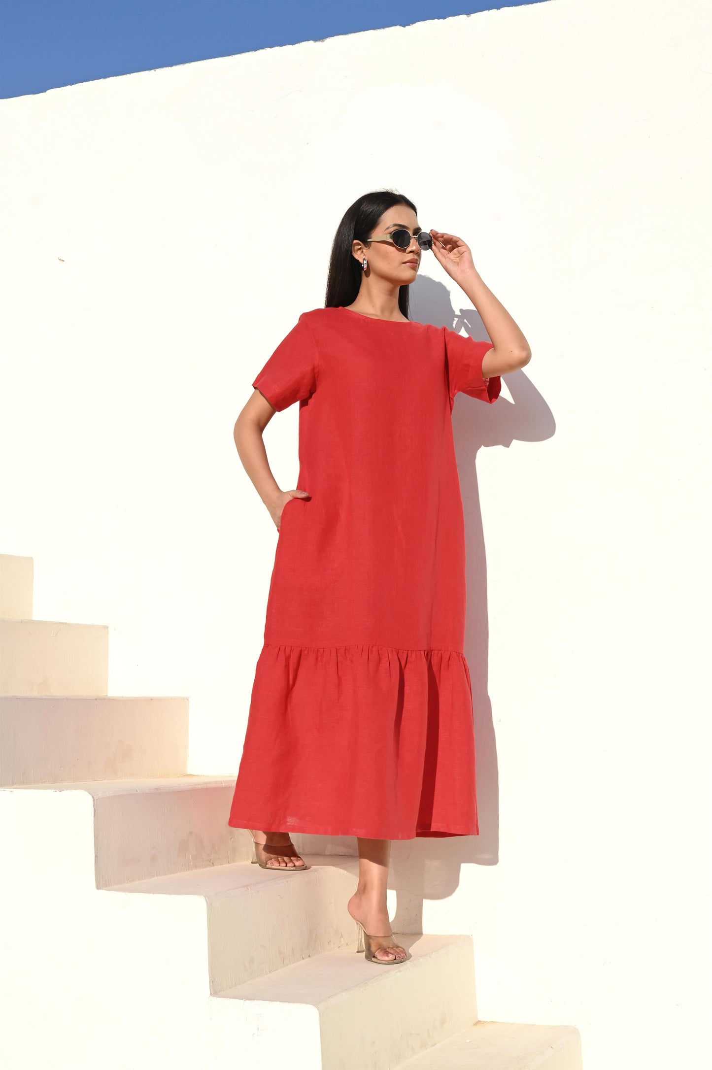 Terracotta Mid Calf A-line Dress With Pockets