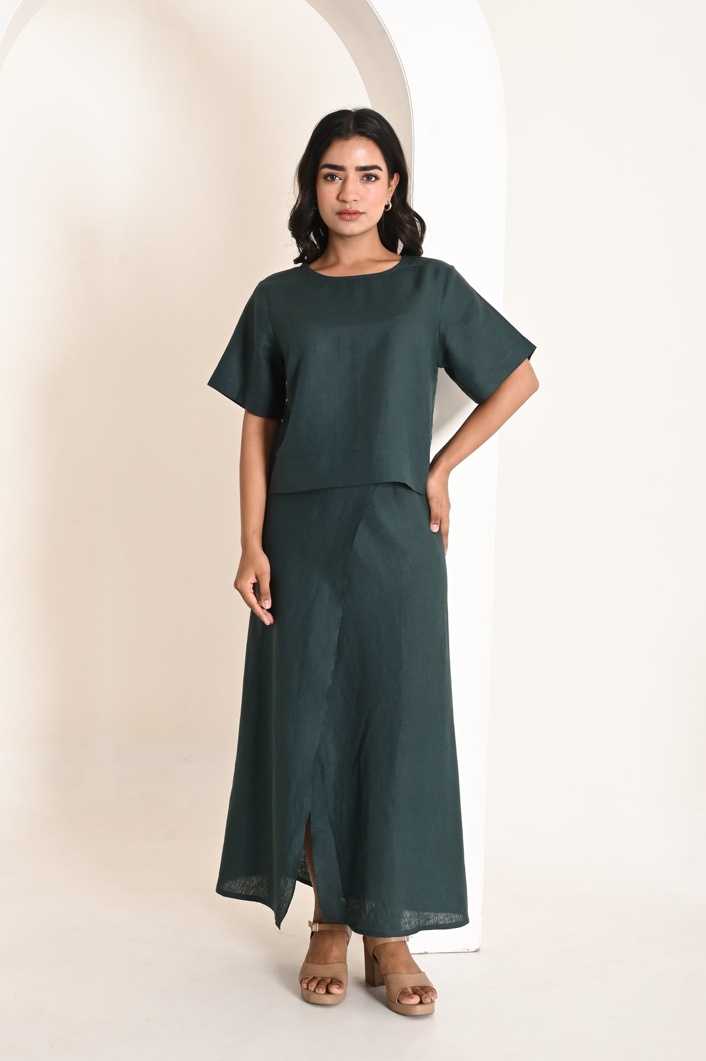 Deep Green Box Linen Top with Round Neckline