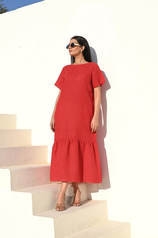 Terracotta Mid Calf A-line Dress With Pockets