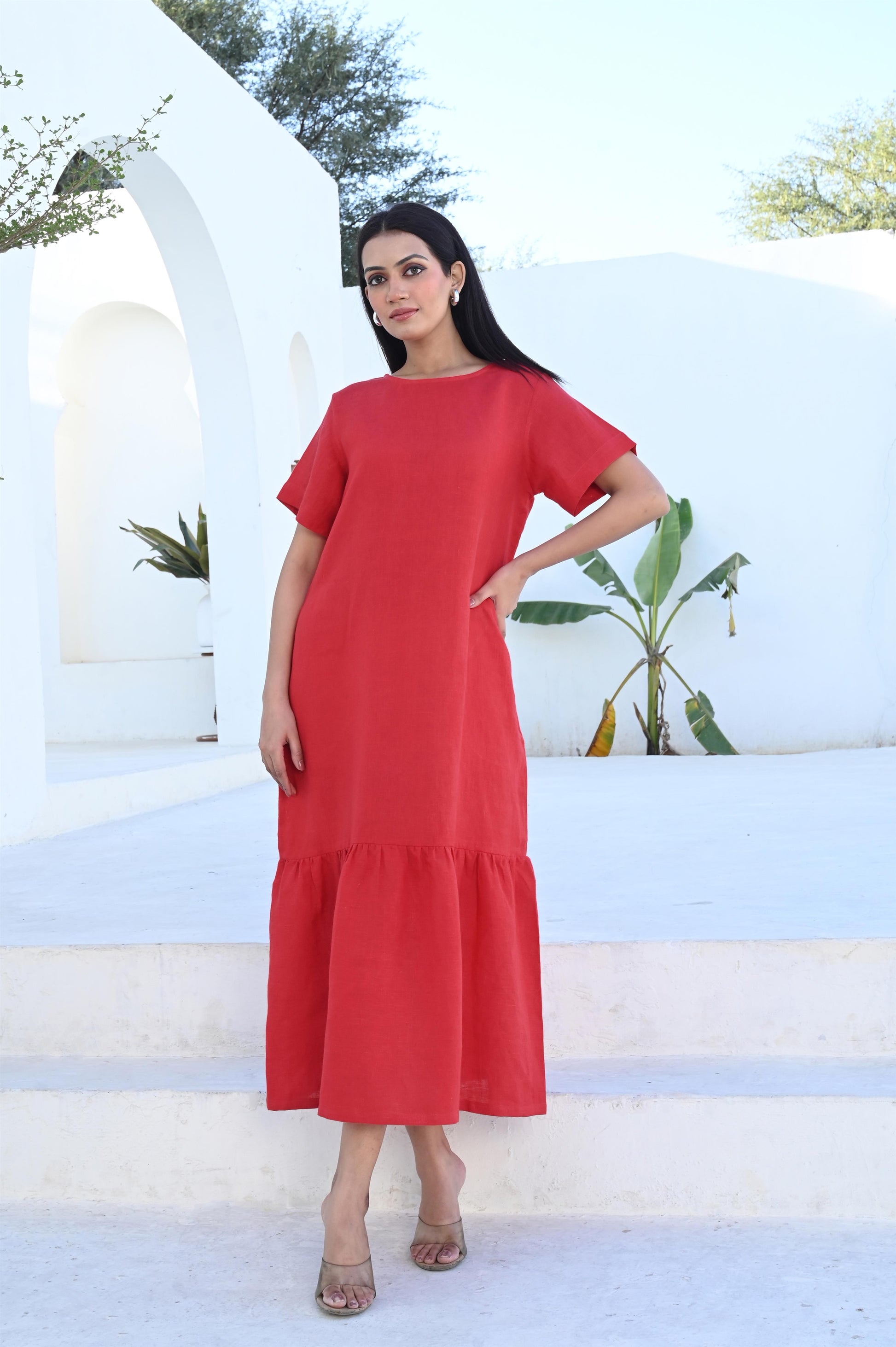Terracotta Mid Calf A-line Dress With Pockets nothingbutlinen Terracotta Mid Calf A-line Dress With Pockets nothingbutlinen