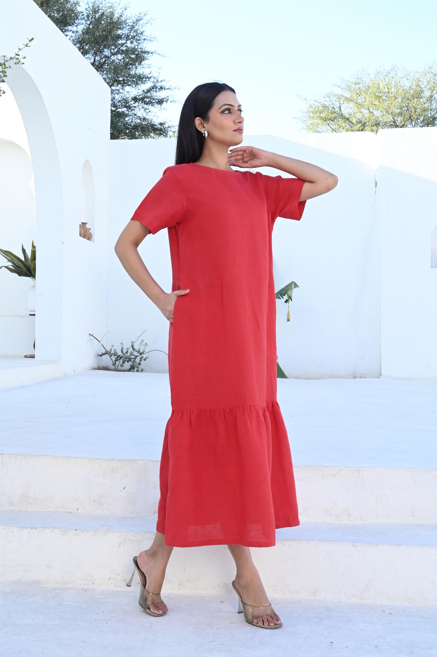 Terracotta Mid Calf A-line Dress With Pockets