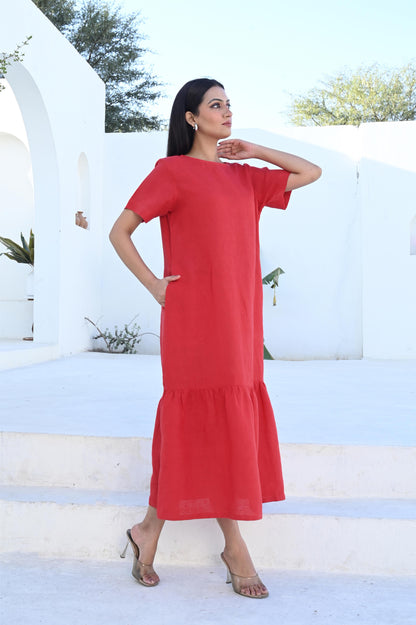 Terracotta Mid Calf A-line Dress With Pockets