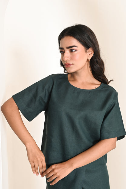 Deep Green Box Linen Top with Round Neckline