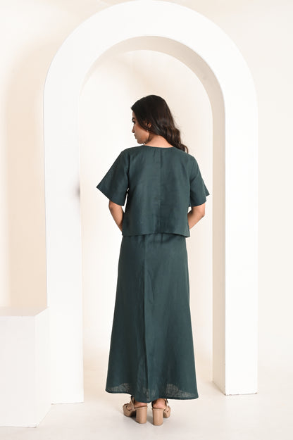 Deep Green Box Linen Top with Round Neckline