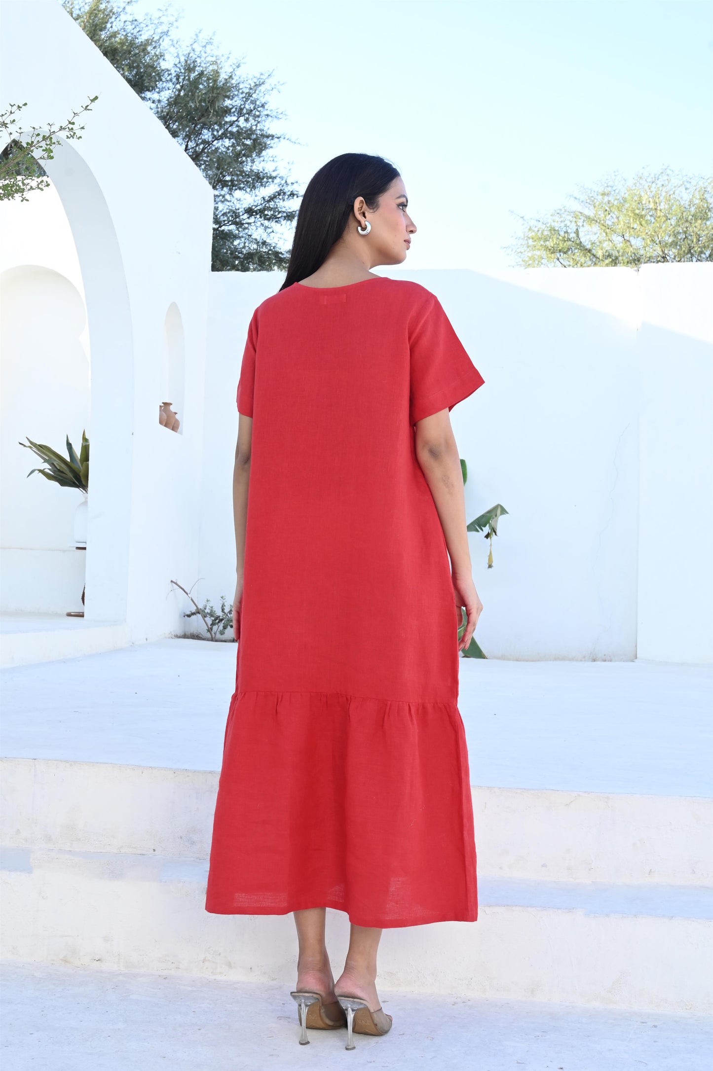 Terracotta Mid Calf A-line Dress With Pockets