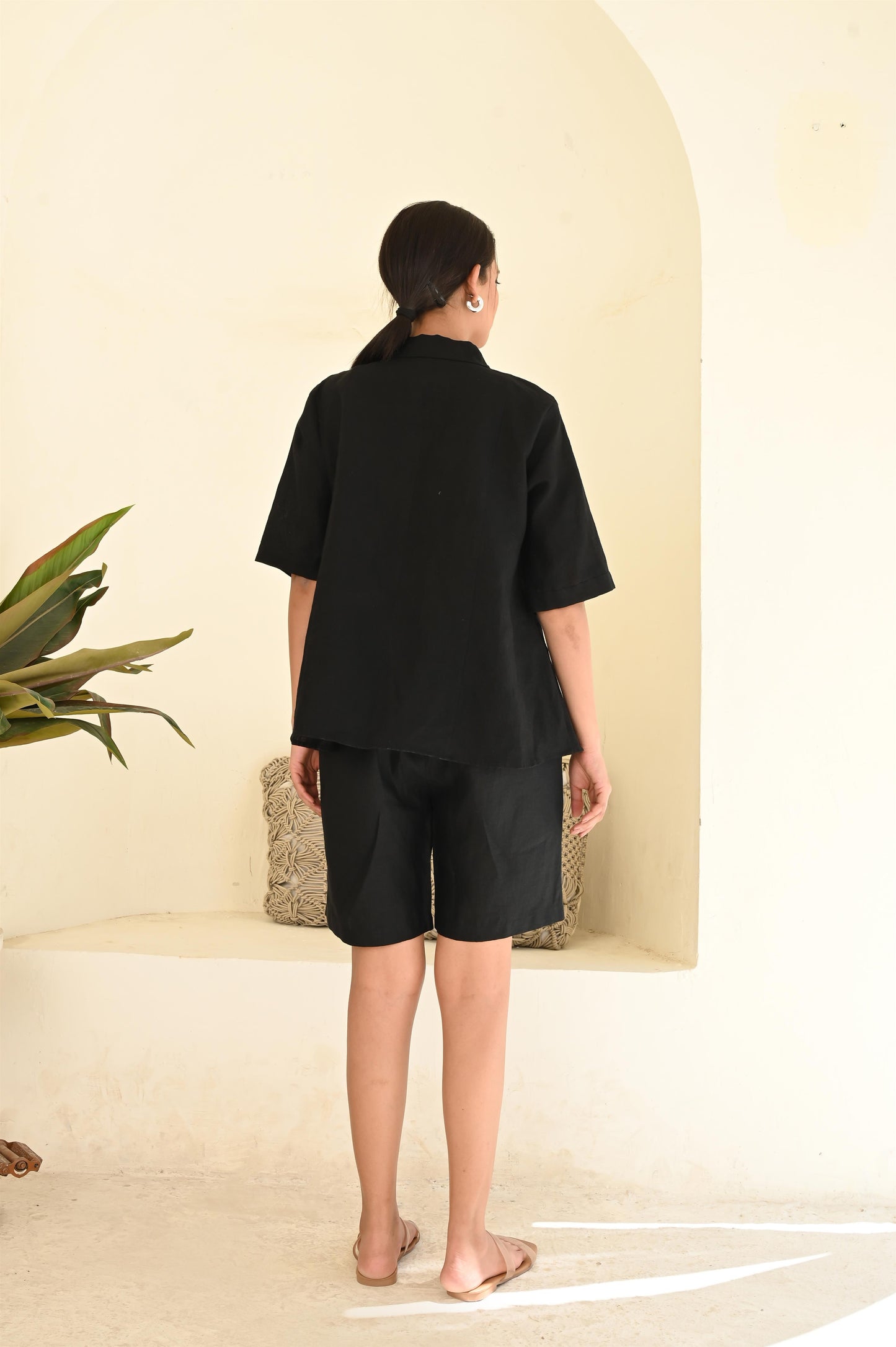 Black Straight Cut Button-Down Shirt with Short Sleeves