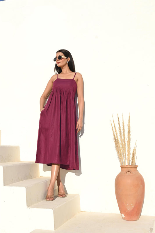 Burgundy Midi Empire Waist Dress with Spaghetti Straps