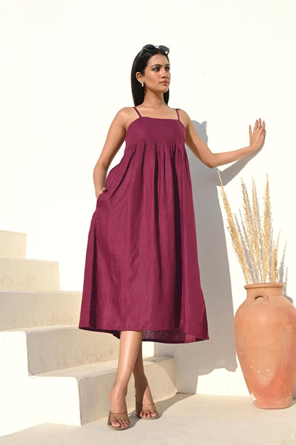Burgundy Midi Empire Waist Dress with Spaghetti Straps